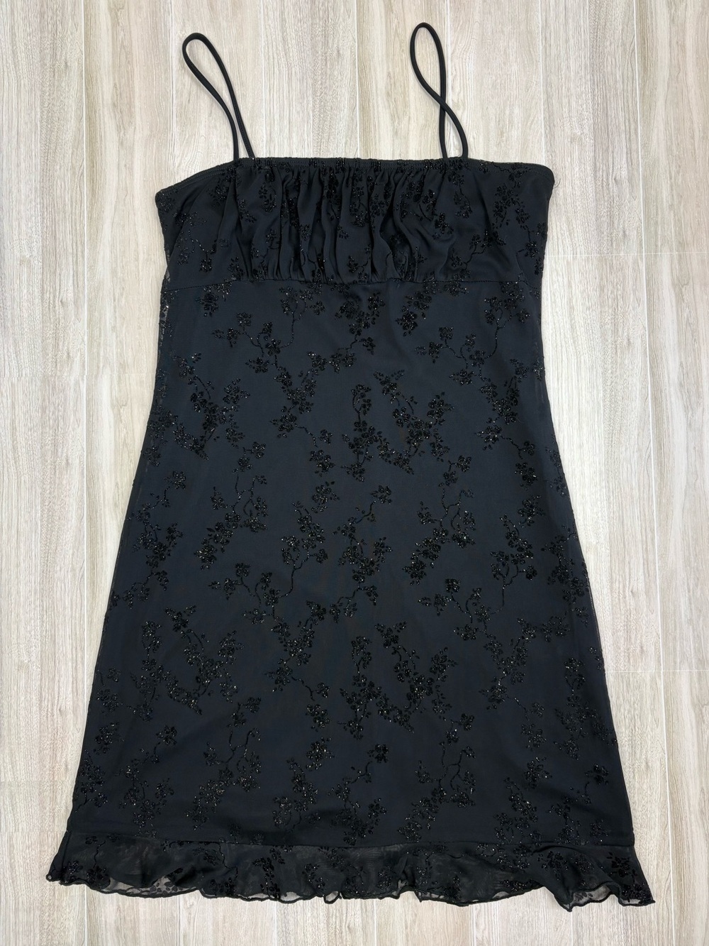 Vintage Y2K Black Mini Dress Shimmery Mesh Overlay Pleated Bust Thin Straps EUC